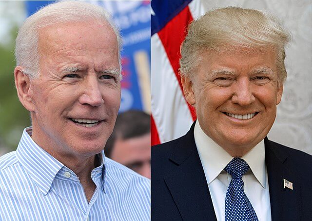 Side by side portraits of Joe Biden and Donald Trump.