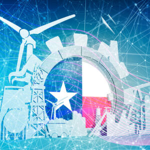 A graphic of the flag of Texas with wind turbines and other methods of electricity generation in the background.