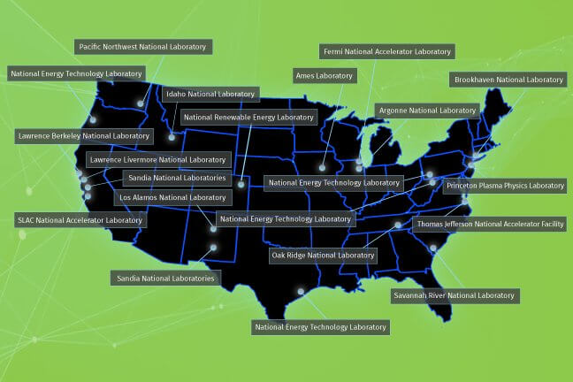 Map of the U.S. with the locations of all the DOE National Laboratories